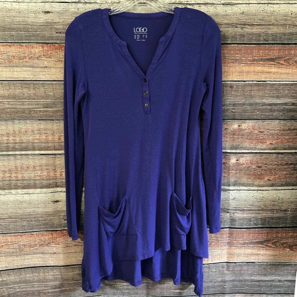LOGO by Lori Goldstein Size XXS Purple Henley Tunic Top With Pockets